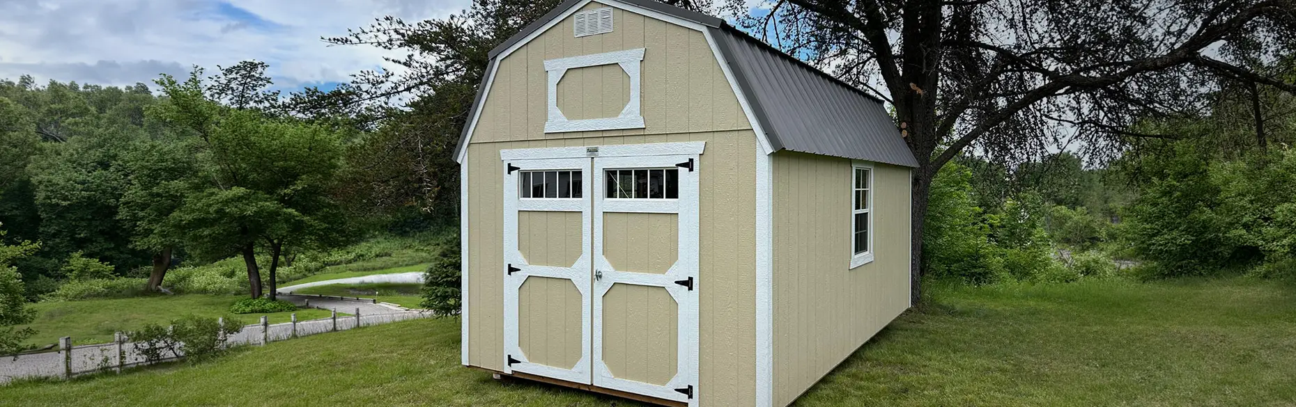 Old Hickory lofted barn shed with end barn doors and side window